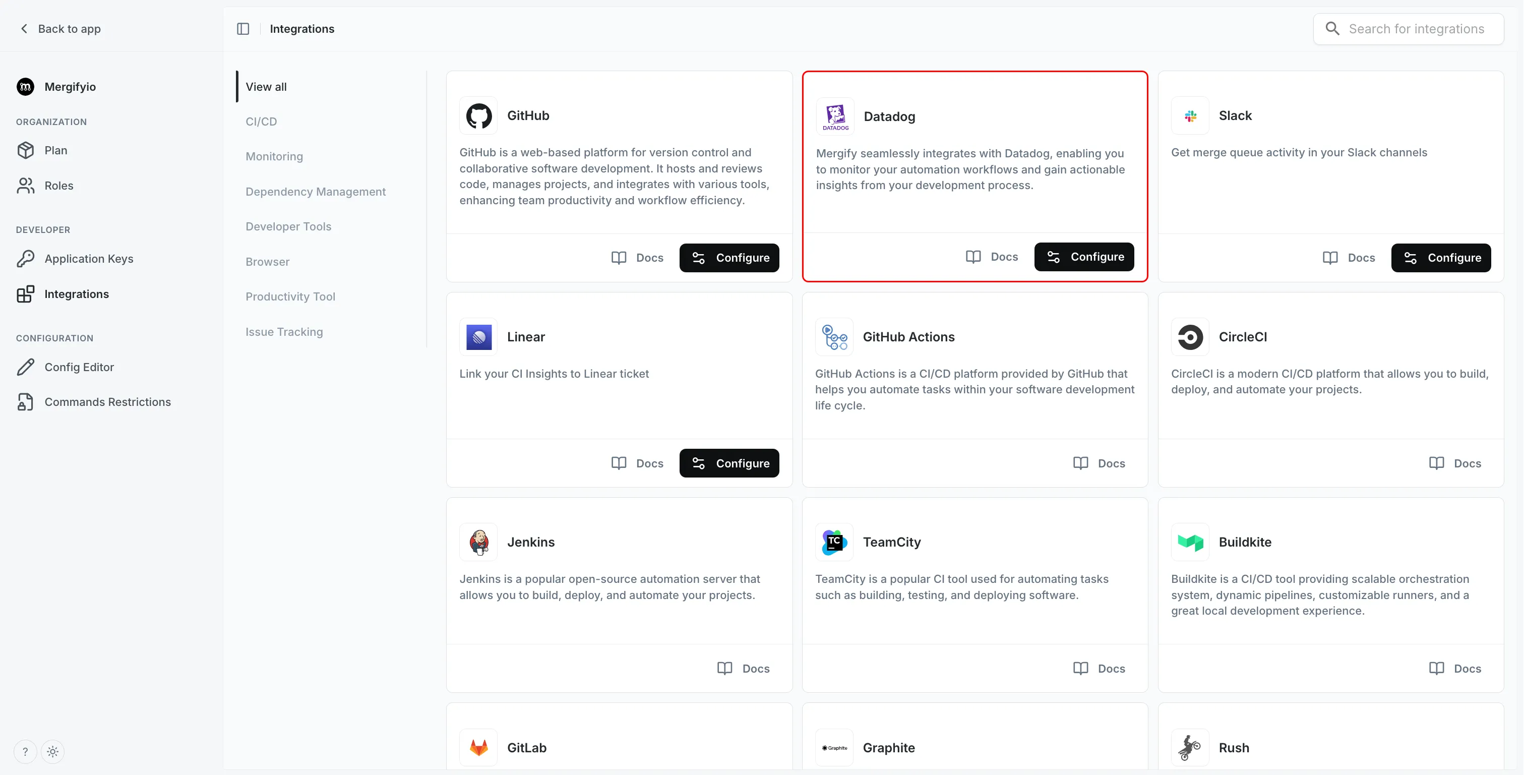 The Datadog integration in the Mergify dashboard's integrations list